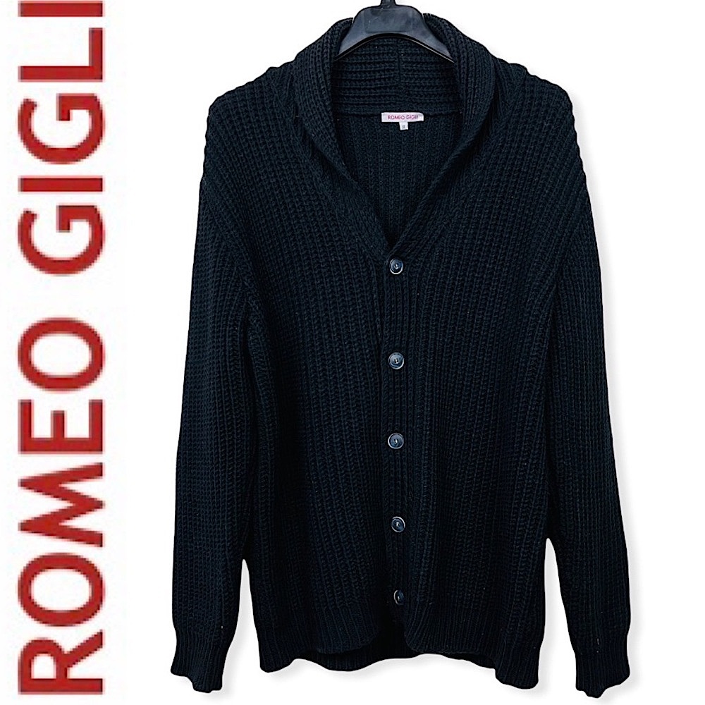 ROMEO GIGLI Wool Black Chunky Knit Slouchy Shawl Collar Cardigan Sweater XL - Picture 1 of 7